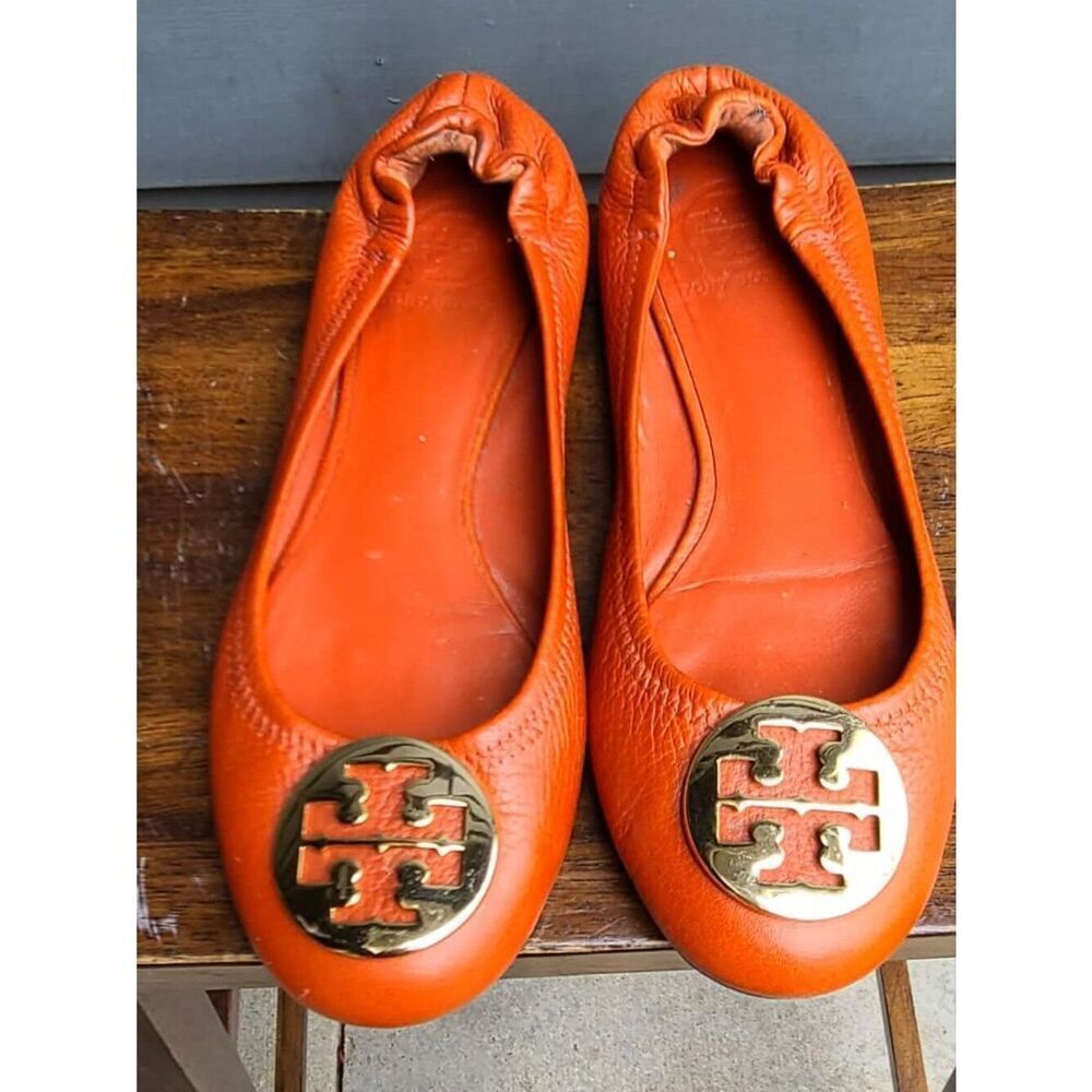 Tory Burch Orange Leather Minnie Ballet Flat Gold Logo size 8